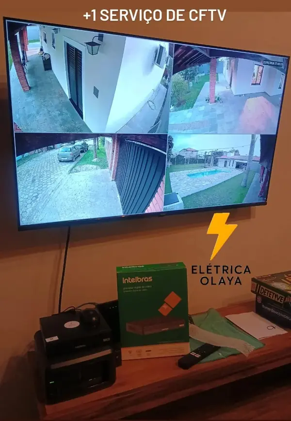 Sistema de câmeras de segurança com quatro imagens na TV, instalado pela Elétrica Olaya